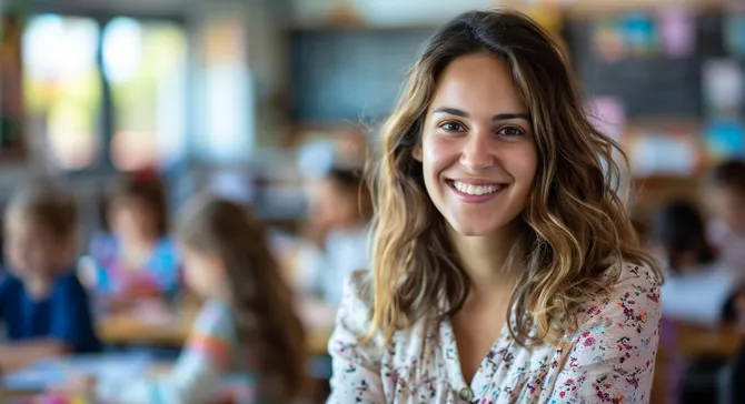 Smiling educator in a vibrant classroom environment
