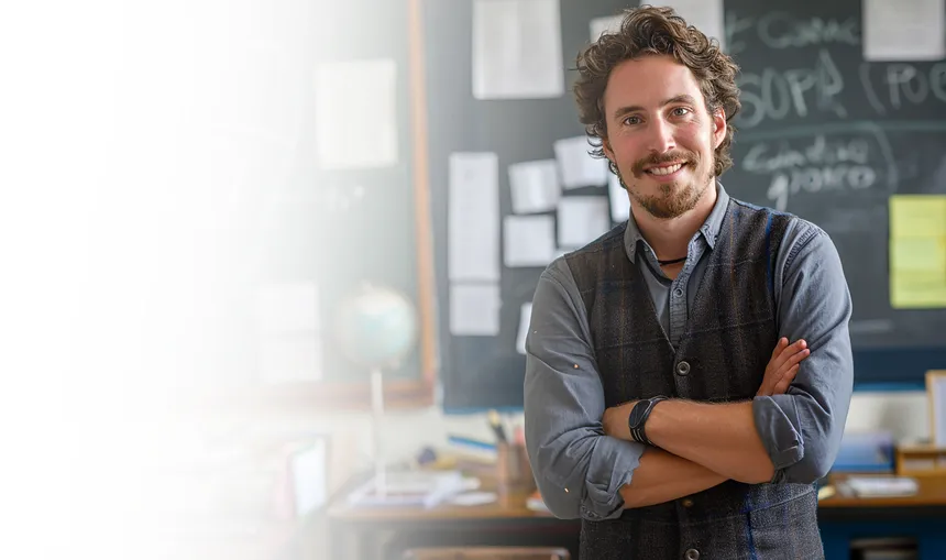 Friendly educator standing confidently in a classroom
