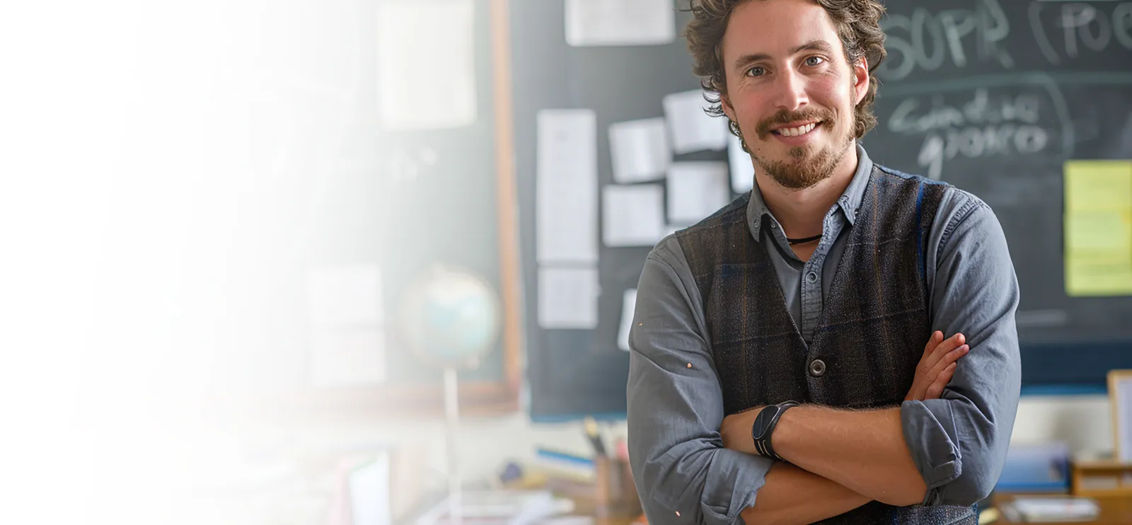 Friendly educator standing confidently in a classroom